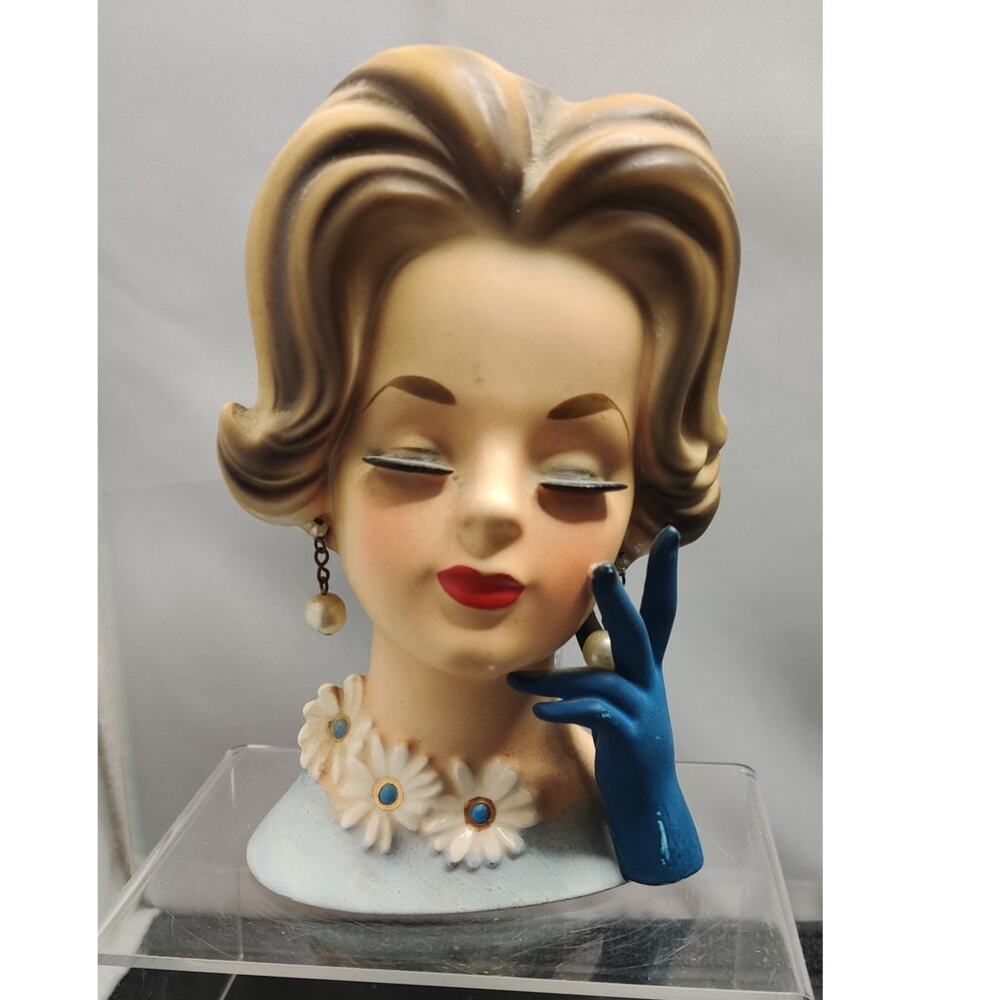 Vintage Blue Gloves Blonde Lady Head Vase Planter Kitsch Ceramic Napcoware C6428